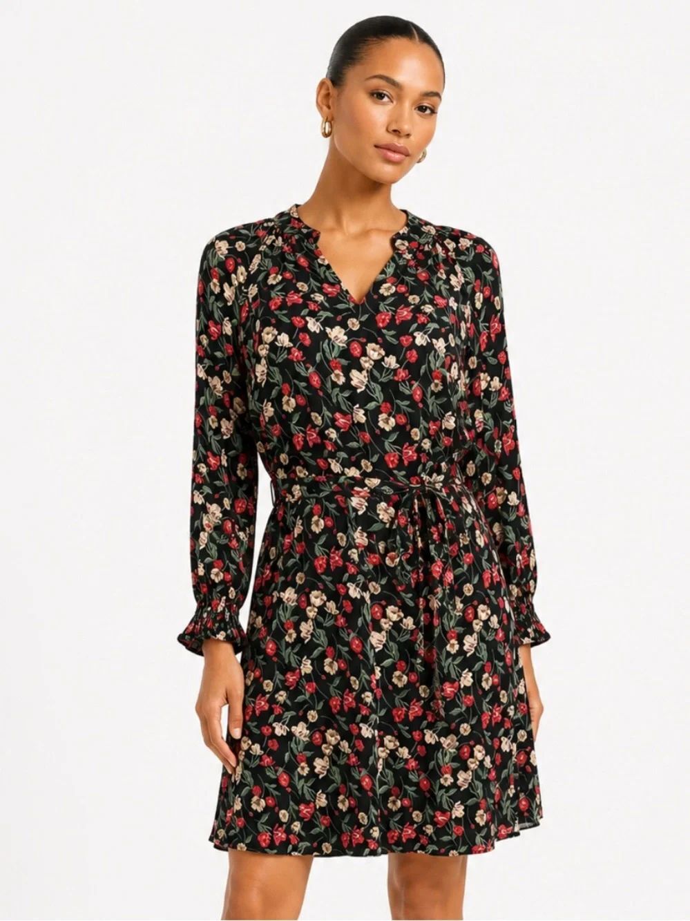 DRAPER JAMES Black Floral Tie-Waist Long Sleeve Dress